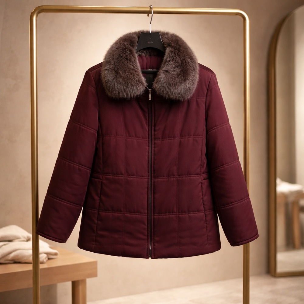 Vintage AK Anne Klein Maroon Fur Collar Coat Womens Size M